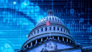 U.S. Capitol in front of blue pixelated image