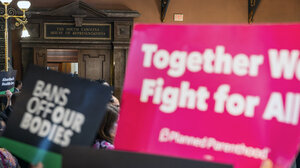 Abortion rights advocates and lawmakers hold a press conference before debate of a bill that would restrict abortions after six weeks, at the South Carolina State House in 2023. 