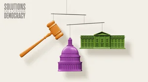 An illustration of mobile with a gavel, the Capitol rotunda, and the White House. 