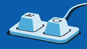 Illustration on blue background. Two keyboard buttons, one with AI