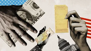 Illustration of money, ballots, the Capitol