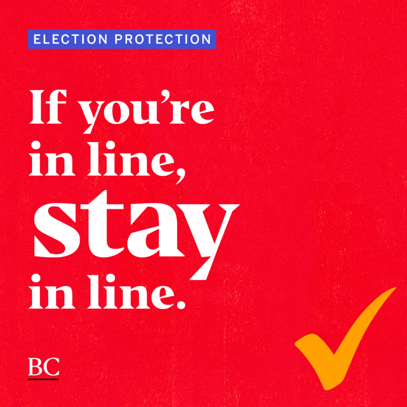 red background if you're in line stay in line election day post with yellow check mark