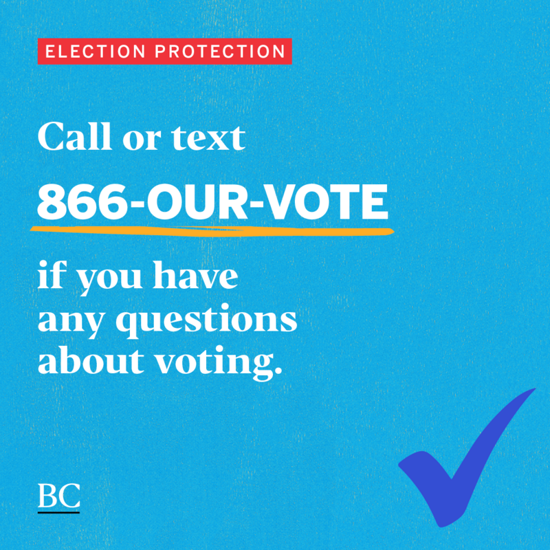 teal background call 866-our-vote election day post with blue checkmark